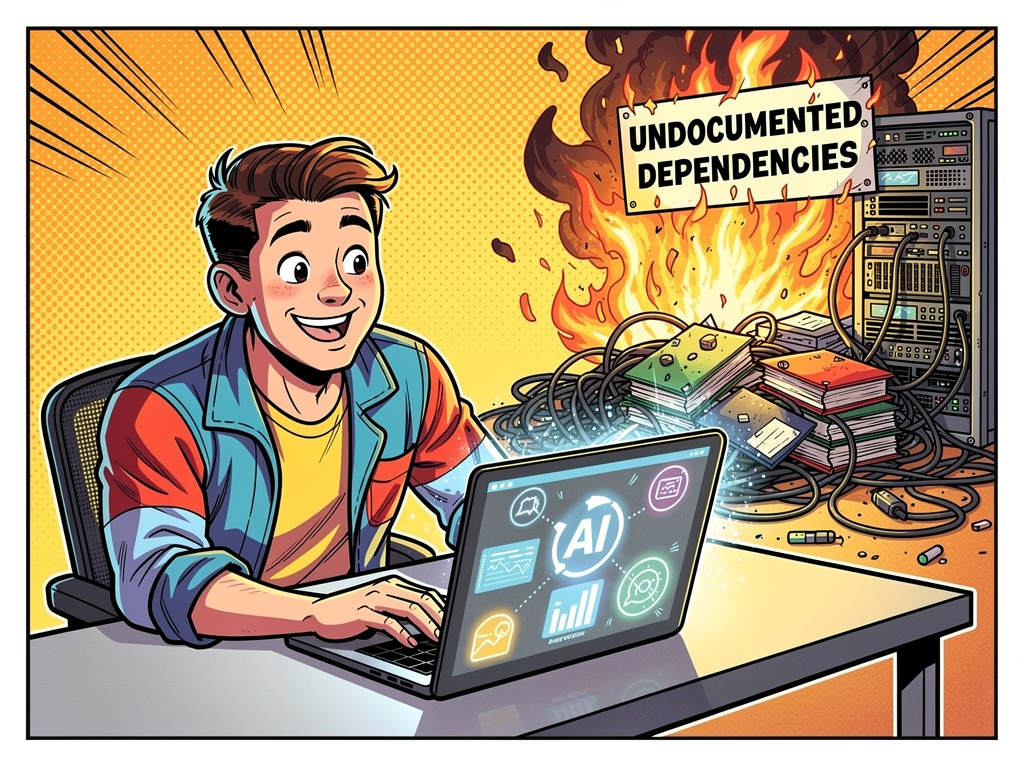 Marketing guy at the laptop working with AI while a server visualizing undocumented dependencies and books is on fire